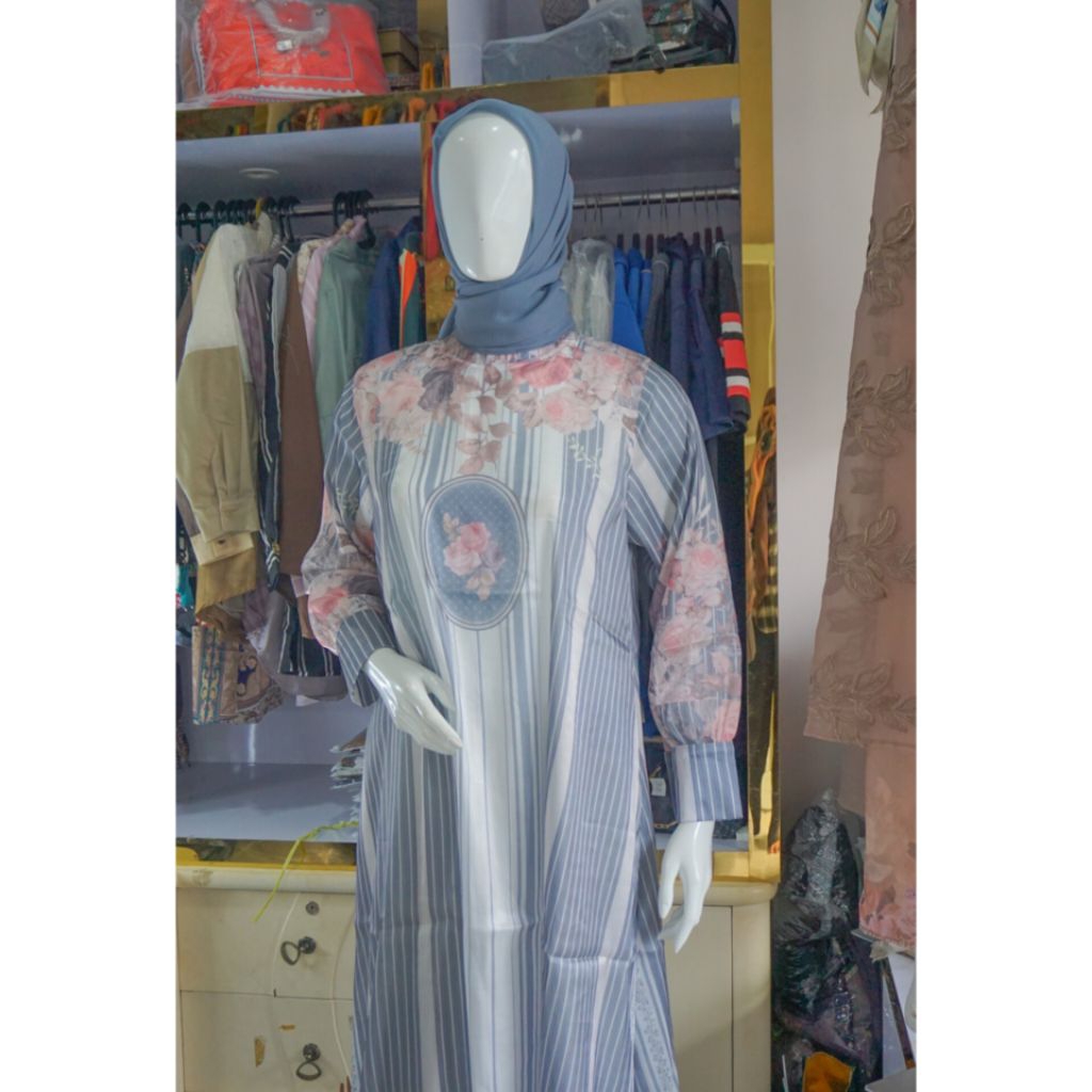 READY Dress organza Print Muslimah / Gamis motif print Terbaru