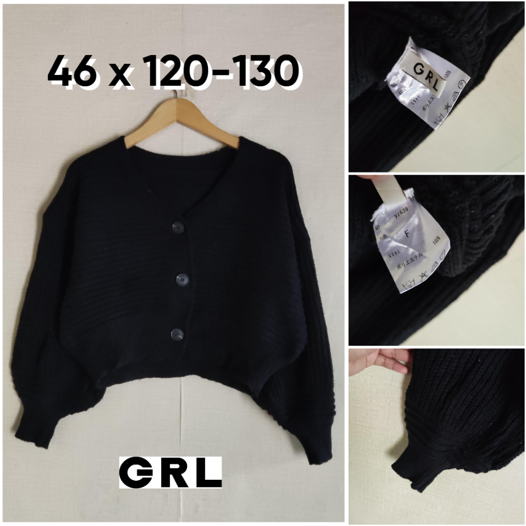 Cardigan Rajut GRL Crop Hitam Tebal Size L Wanita Atasan Cewek Outer Knit Timbul Lengan Bal0n Sweate