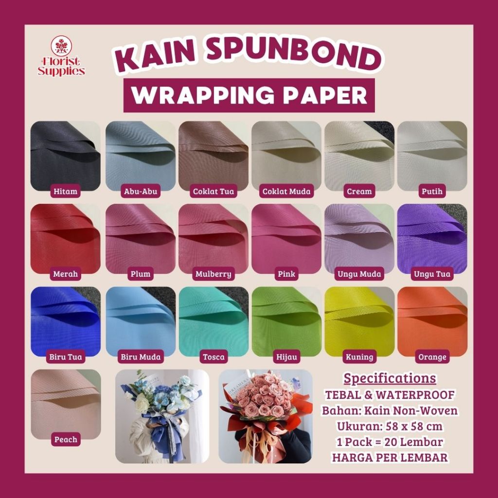 

Kain Spunbond Buket Bunga Premium Tebal 58x58 CM Kertas Pembungkus Buket Bunga Flower Wrapping Paper
