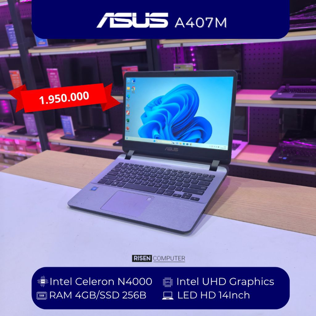 Laptop Asus A407M Intel Celeron N4000 RAM 4GB SSD 256GB HD 14inch Notebook Second Seken