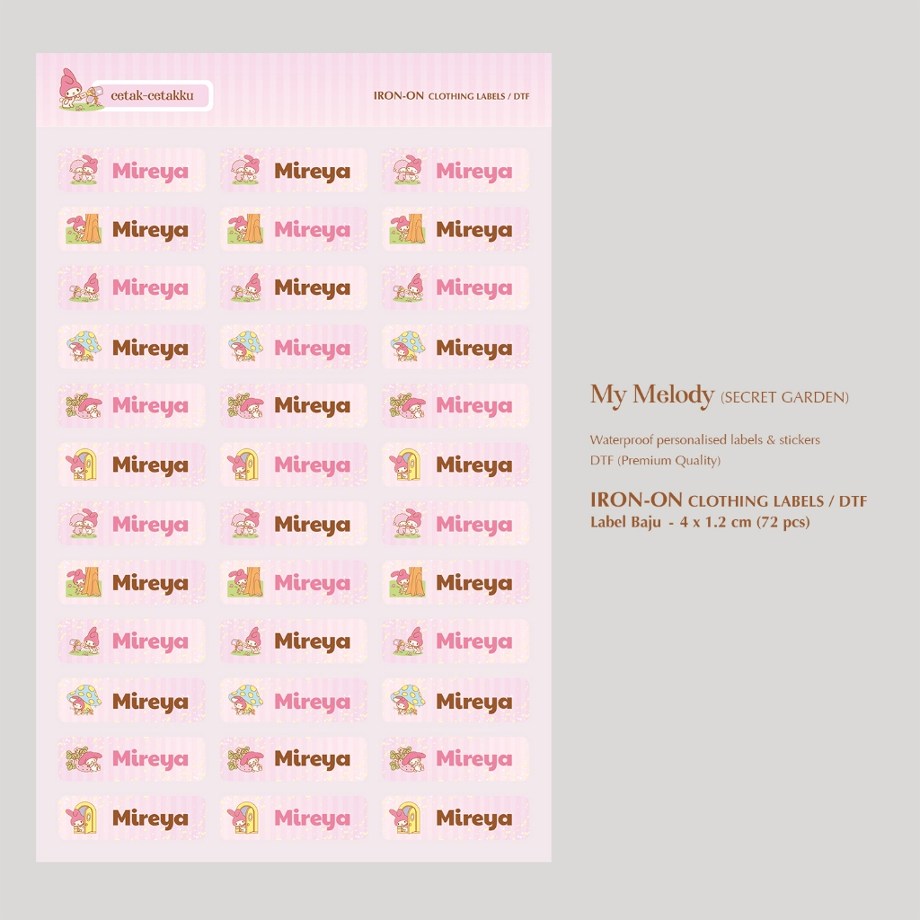 

MY MELODY (Secret Garden) / STICKER BAJU / Iron-on Clothing Labels & Stickers / Sablon Baju / Stiker Baju DTF / Stiker Baju Seterika
