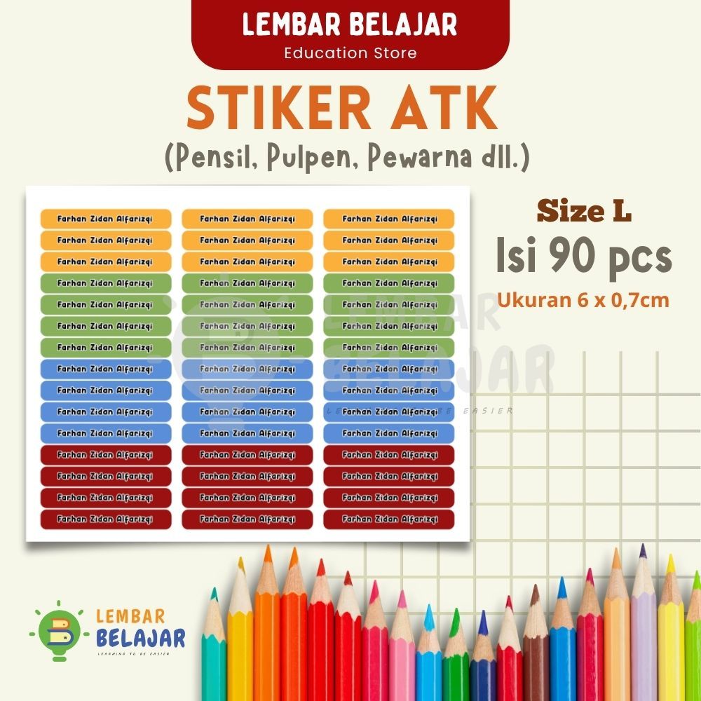 

LEMBAR BELAJAR - 90 Pcs Custom Stiker Nama Pensil, Ballpoint / Pulpen dan ATK Size L