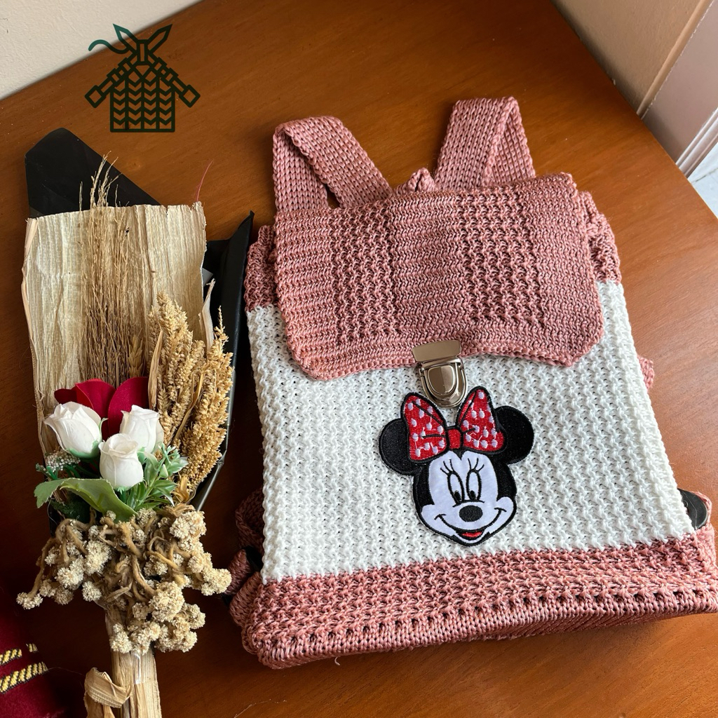 Ransel rajut karakter Minnie mouse anak perempuan/ Tas gendong rajut murah karakter Mickey mouse / t