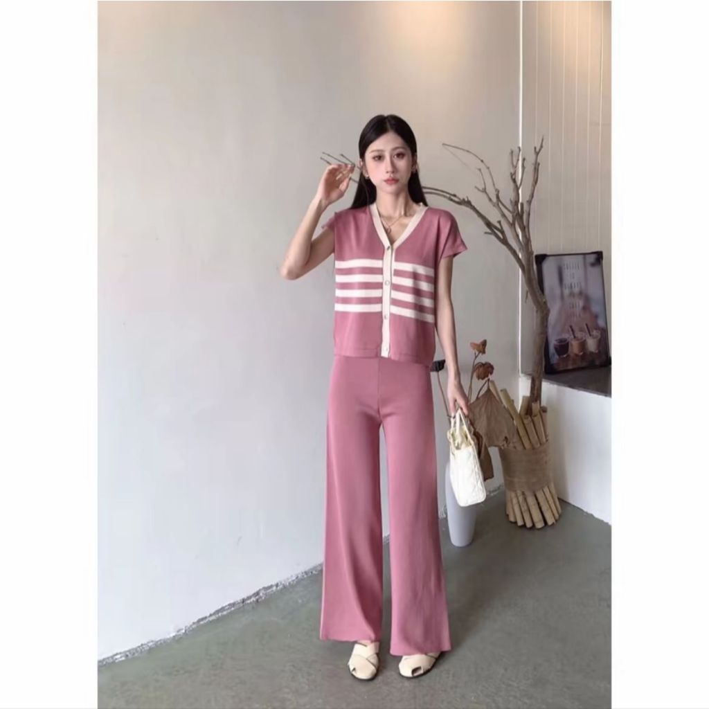 Setelan baju wanita -Oneset Wanita BAJU KEKINIAN -Setelan Rajut Pink