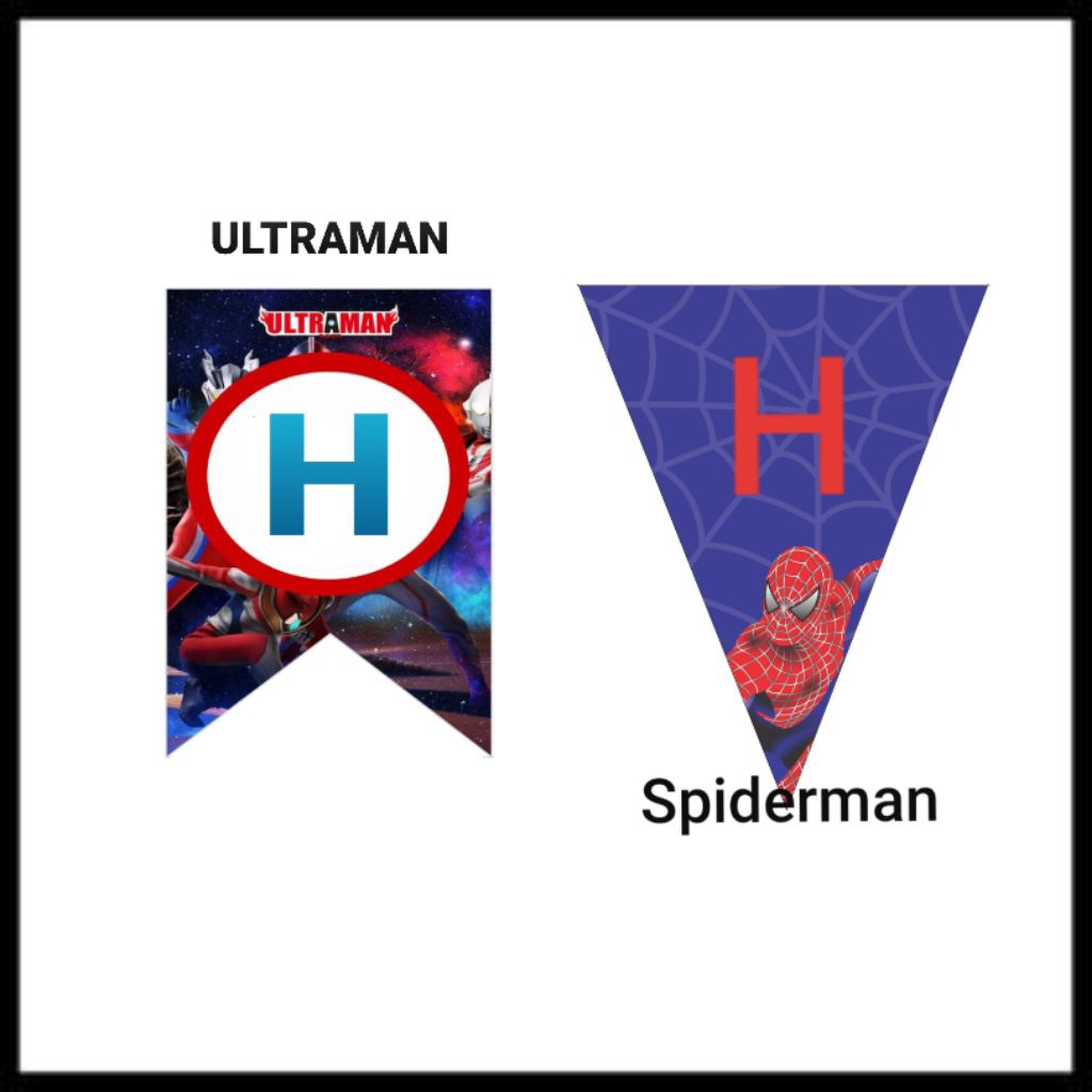 Bunting Flag Custom, Banner Custom Huruf, Motif Spiderman & Ultraman