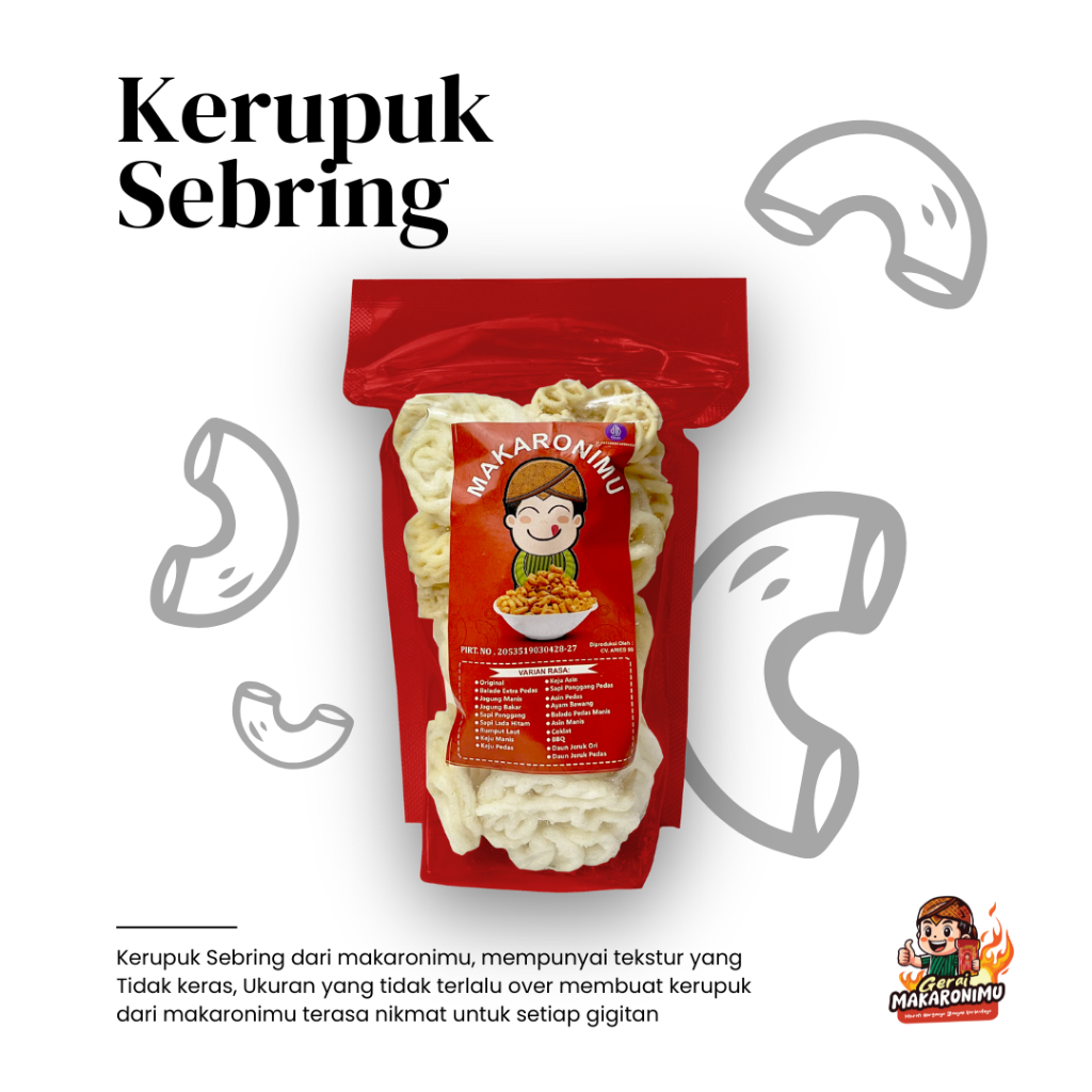 

Gerai Makaronimu | SEBRING | Sebring Pedas / Sebring Pedas Daun Jeruk / Pedas / Kerupuk Mawar