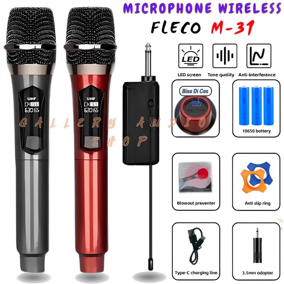 COD~Microfon Wireless Profesional FLECO M-31/M-31S Double Mic Wireles Jack Besar Include Adapter Jac
