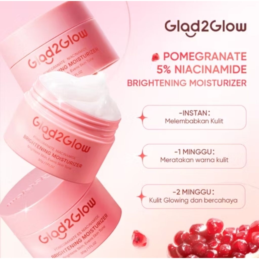 Glad2Glow Moisturizer Pomegranate 5% Niacinamide Brightening / Mois g2g Pink 30g / Cream Mencerahkan