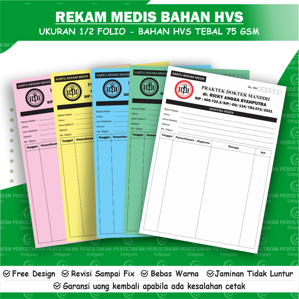 

Kartu Rekam Medis / Medical Record Card Ukuran 16 cm x 21 cm (1/2 FOLIO) 2 sisi