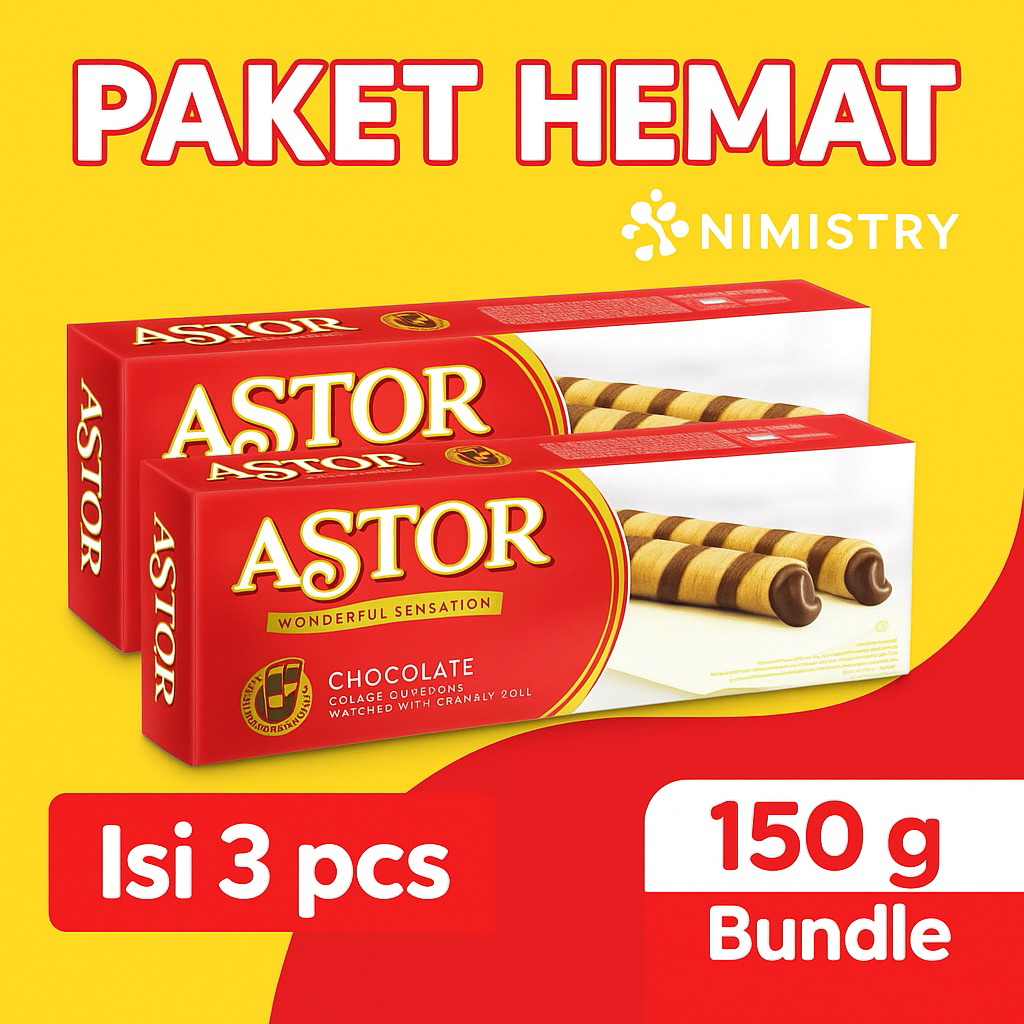 

PAKET ASTOR Wafer Roll Cokelat 150g Isi 3 pcs - Snack Coklat Renyah | ASTOR Bundle Hemat