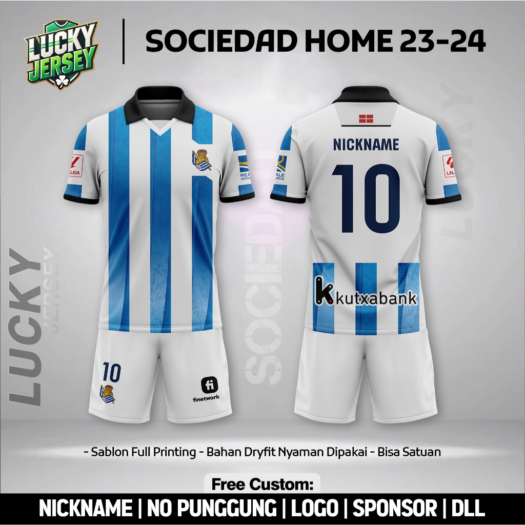 Baju Bola Sociedad Home 2023 - 2024 Lucky Jersey Free Custom Nama dan Nomor Punggung