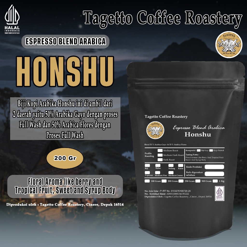 

BIJI KOPI ESPRESSO ARABIKA "HONSHU" 200GR | ARABICA BEAN GROUND BUBUK 200 GRAM TAGETTO COFFEE