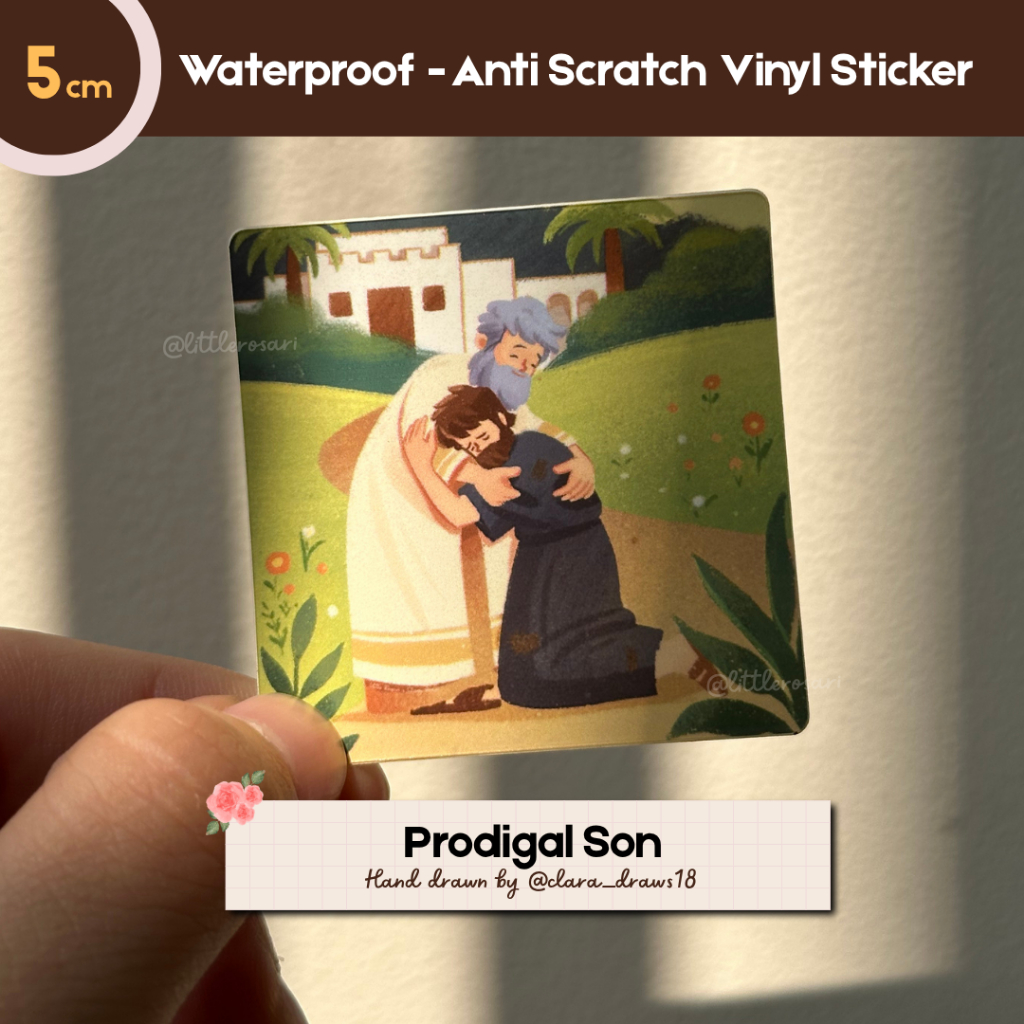 

Stiker Katolik Waterproof - Anak yang Hilang | Buat harimu lebih bermakna dengan stiker katolik lucu dan penuh kasih ini! Seluruh karya Little Rosari x Clara_Draws ini menggambarkan cinta dan perlindungan Tuhan bagi setiap domba-Nya, termasuk kamu. Desain