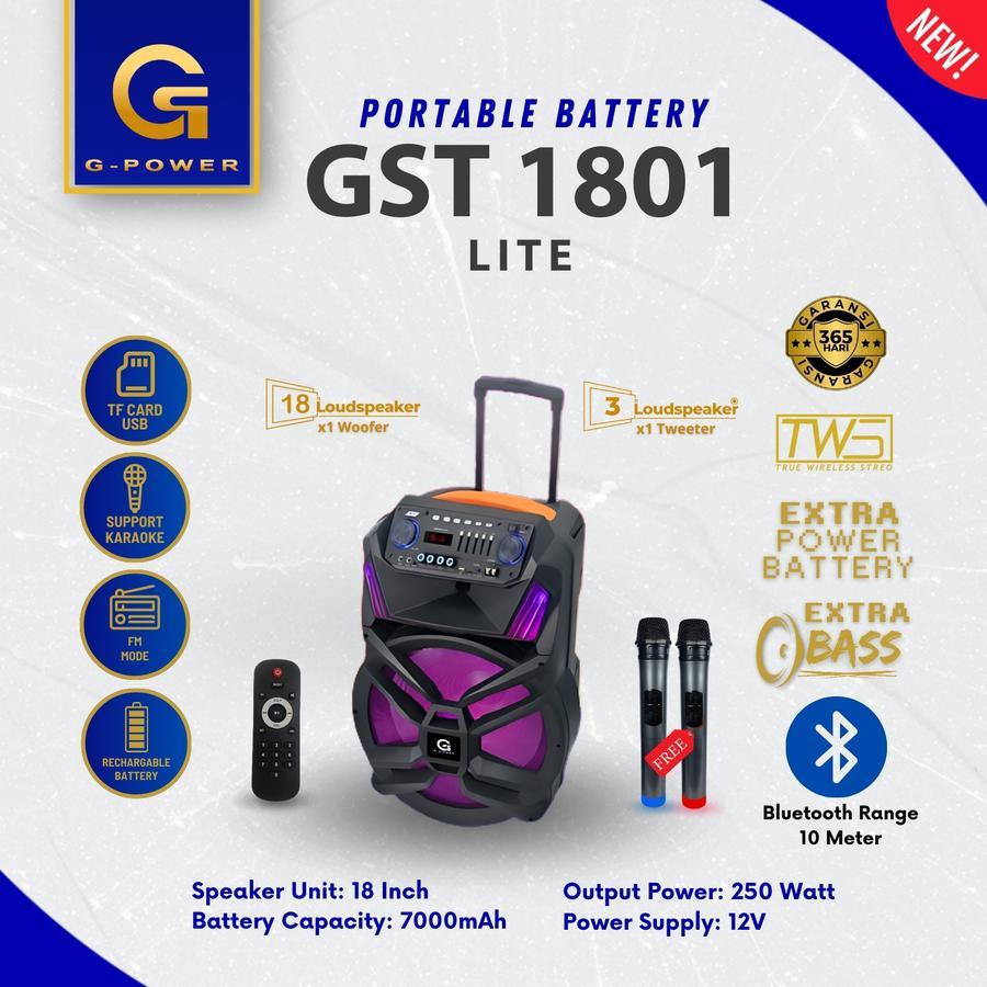 G-Power Speaker Bluetooth GST 1801 Lite Free 2 Microphone Wireless Speaker Portable Garansi Resmi Or