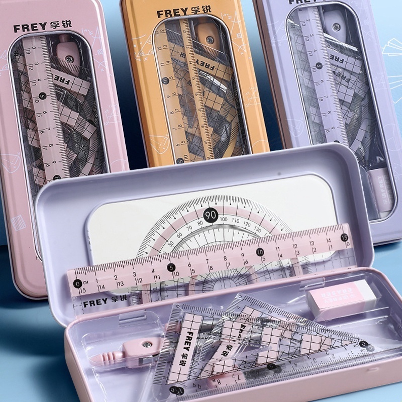 

[DAT] Set Matematika 8in1 Premium Logam Korea Kotak Pensil Tahan Baja Besi + 7PCS Penggaris Busur