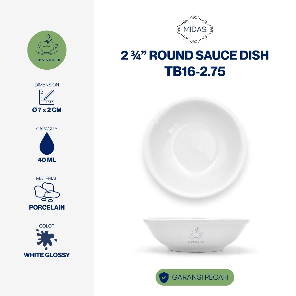 Midas Piring Saus Bulat Porselen Diameter 7 cm Putih Polos Kilap Minimalis Porcelain Round Sauce Dis