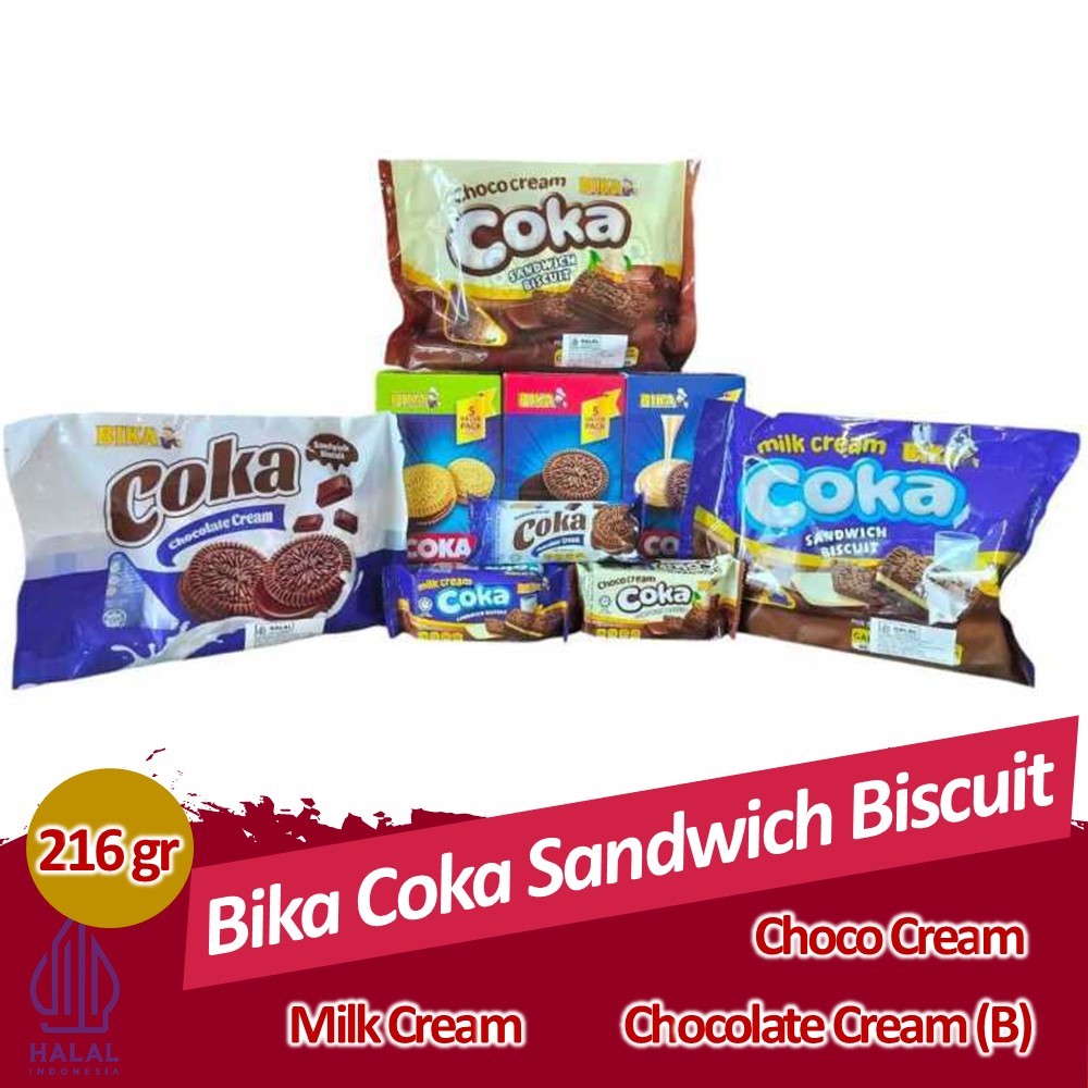 

Bika Coka Sandwich Biscuit Milk Cream, Coka Sandwich Biscuit Chocolate Cream And Coka Choco Cream 216 gram