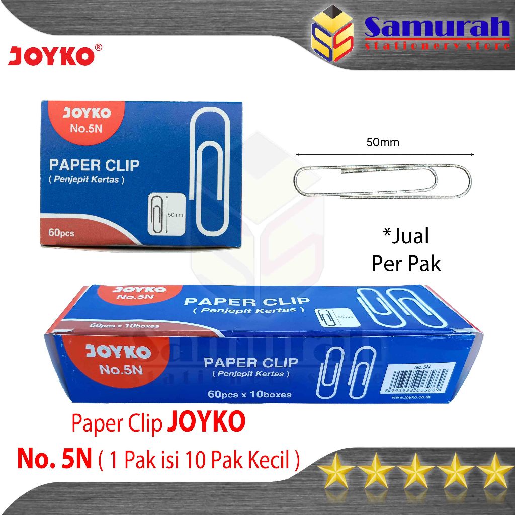 

Trigonal Paper Clips No 5 Joyko Per Box isi 10 pak @ 60 pcs / Clip Penjepit Oval Jumbo No.5 / Klip Jepit Kertas Berkas