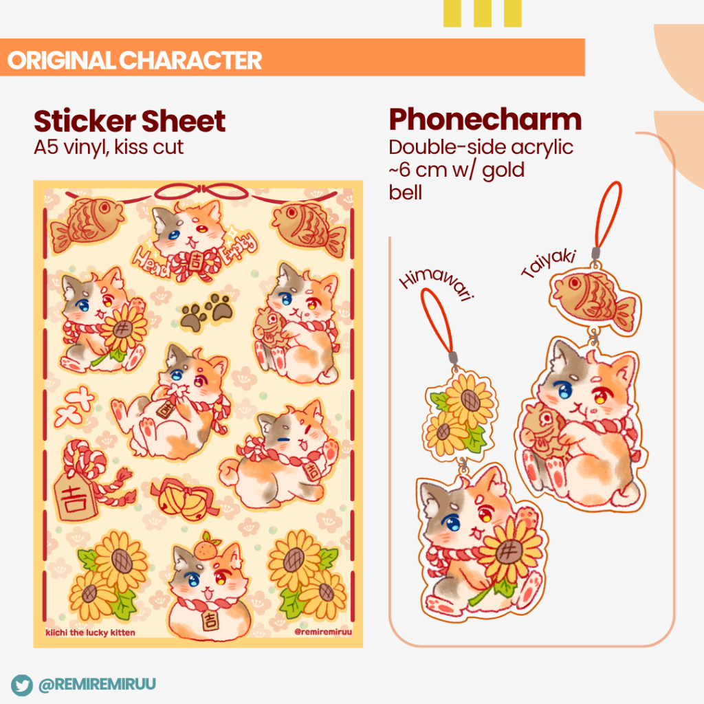 Calico Cat Original Merch - Sticker Sheet & Phone Charm (Taiyaki, Sunflower)
