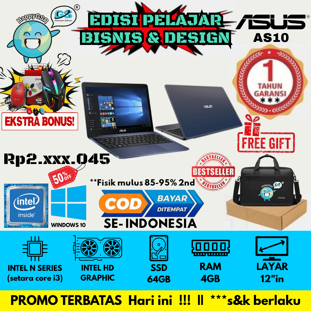 Laptop ASUS AS10 12 Inch - Intel n4000, RAM 4GB, SSD 64GB, Windows 10, ASUS L203C