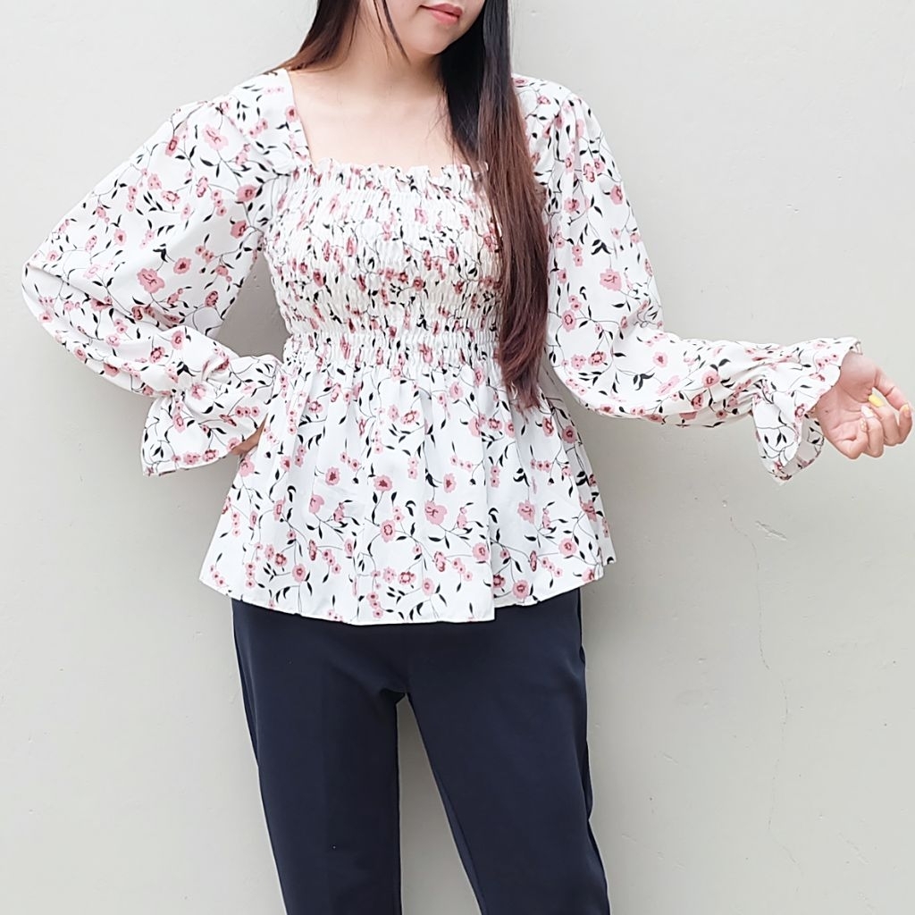 MyCikii Floral Baby Doll Blouse / atasan casual lengan panjang / atasan wanita korea kerah square / 