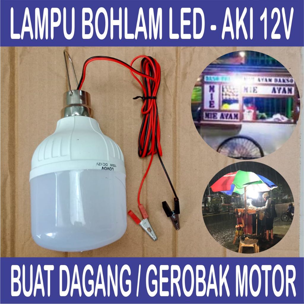 Lampu Bolham LED Gantung Kabel Panjang Jepit Ke Aki Motor 12 V Untuk Penerangan Lapak Jualan Kaki Li