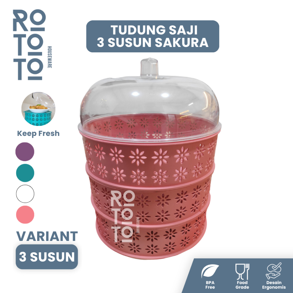 Rototo Tudung Saji Susun Tingkat Food Rack Storage Wadah Penyimpanan Sayur Makanan 3 Susun Pink