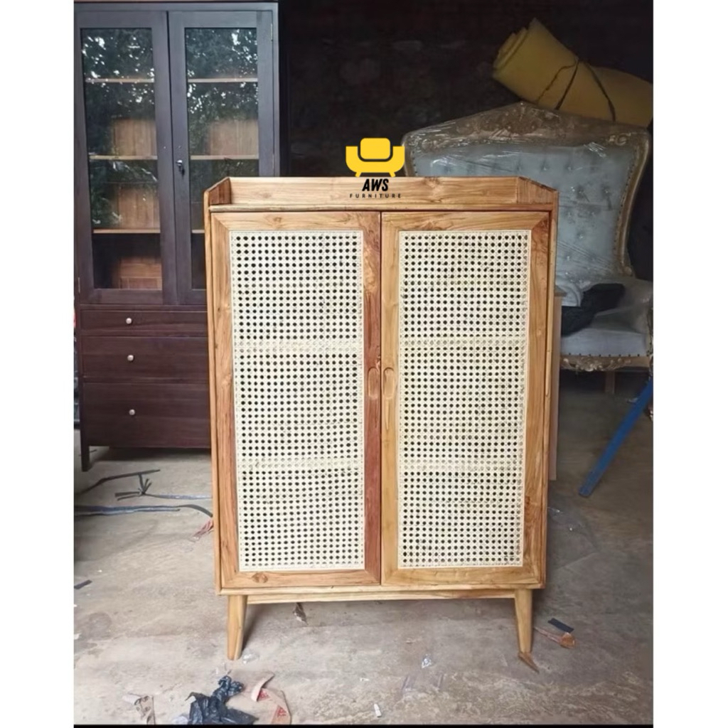 Lemari Rak Sepatu Rotan Lemari Sepatu Retro Rotan Minimalis Kayu Jati Lemari Multifungsi Rotan Minim
