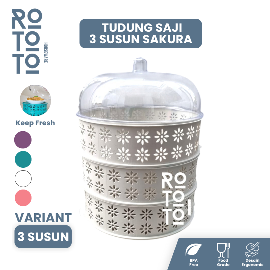 Rototo Tudung Saji Susun Tingkat Food Rack Storage Wadah Penyimpanan Sayur Makanan 3 Susun White
