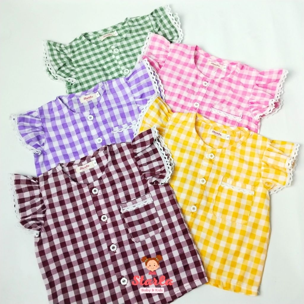 Starlababykids - Ghania Blouse | Baju Atasan Anak Perempuan Motif Kotak Lengan Rempel