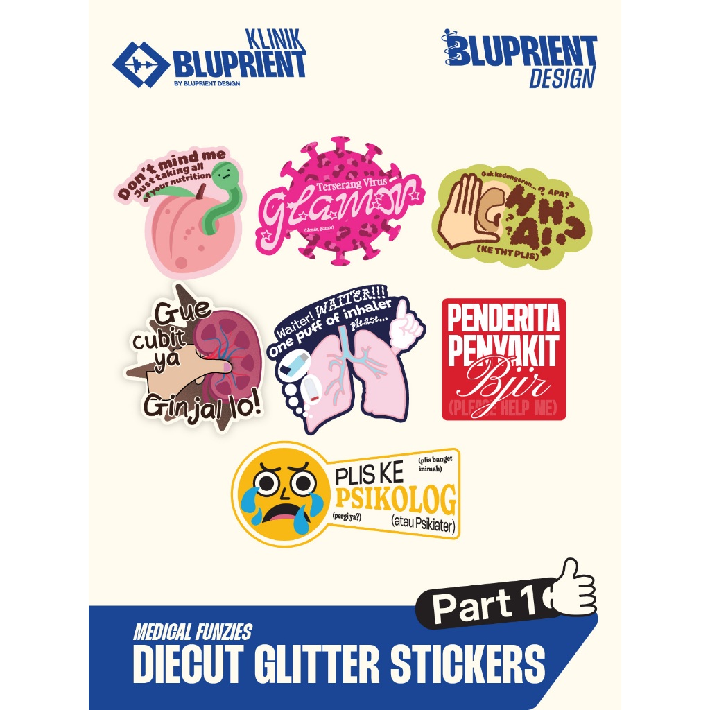 

Sticker Laminasi Glitter [Part 1] - Tema Kedokteran/Kesehatan - Sticker Klinik Bluprient - Sticker Vinyl Lucu Meme Sarkas Jokes Tahan Air Waterproof - Stiker Medical Funzies 5cm by Klinik Bluprient