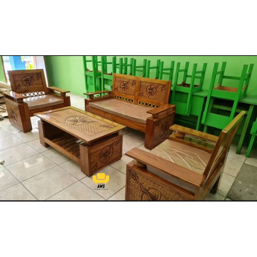 kursi tamu bola koper 211+meja kayu jati tebal