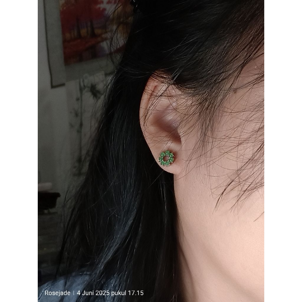 Anting Tusuk / Giwang perak s925 lapis emas Giok Burma Appel Green bersertifikat