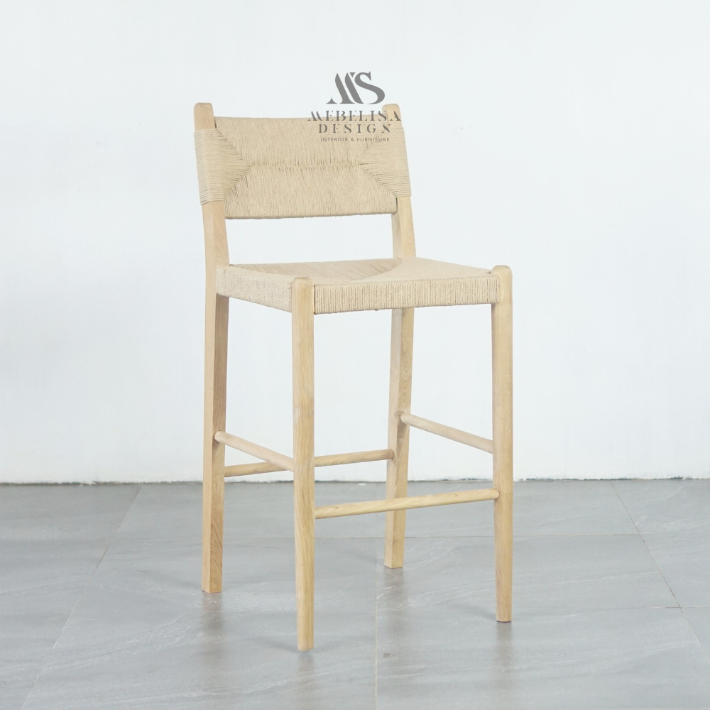 Kursi Barstool Cafe Minimalis Kayu Jati Anyaman Lum