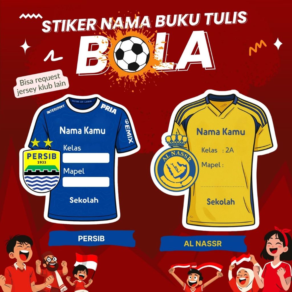

Stiker nama custom sampul buku Tulis/pelajaran Tema Klub Sepak Bola