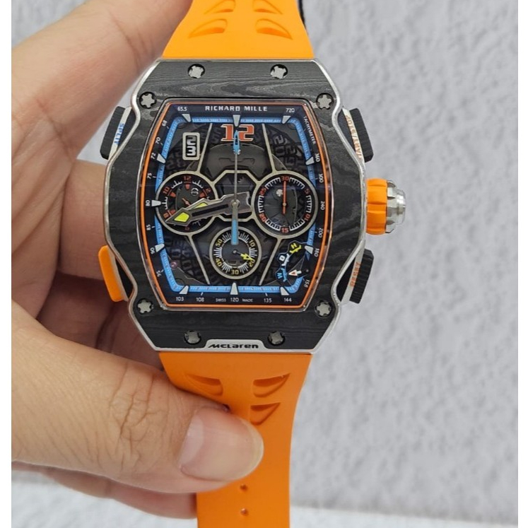 JAM TANGAN MCLAREN ORANGE STRAP BLACK CARBON CASE RM 65 SWISS AUTOMATIC RM MCLAREN AUTOMATIC