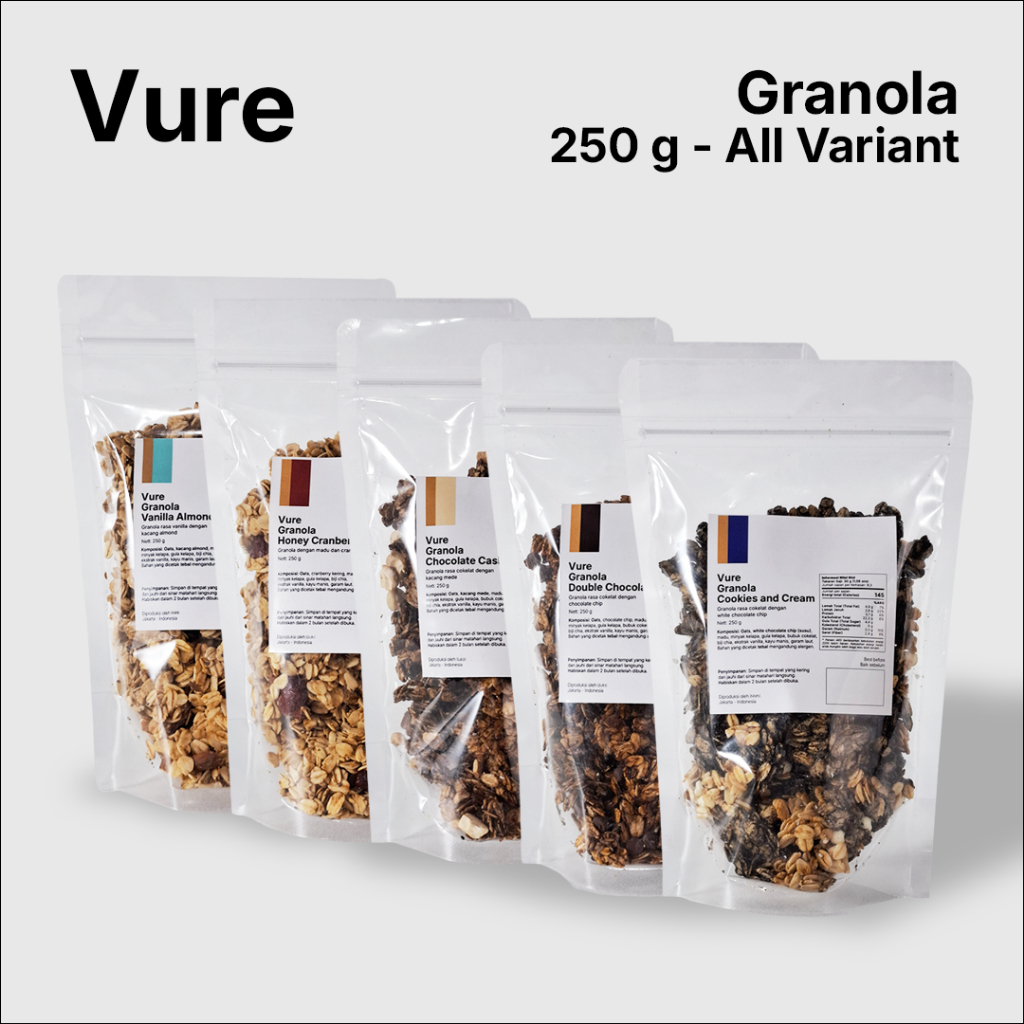

Vure Granola All Variant (250 gr) Vanilla Almond, Honey Cranberry, Chocolate Cashew, Double Chocolate, Cookies and Cream