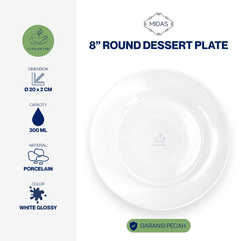 Midas Piring Bulat Tepi Porselen Diameter 8” Inch / 20 cm Putih Polos Kilap Minimalis Kue Porcelain 