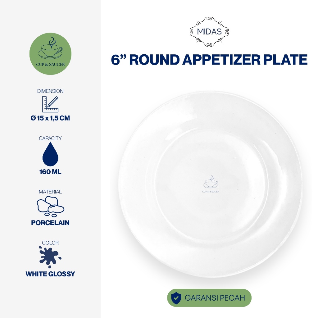 Midas Piring Bulat Tepi Porselen Diameter 6” Inch / 15 cm Putih Polos Kilap Minimalis Kue Porcelain 