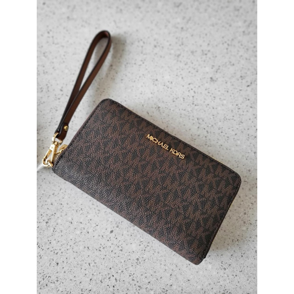 Ready MK Jet Set Travel Signature Phone Wallet Wristlet - *brown dan vanilla