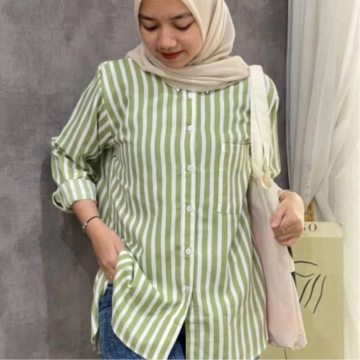 Kemeja Wanita Salur Oversize Katun Rayon motif garis Jumbo