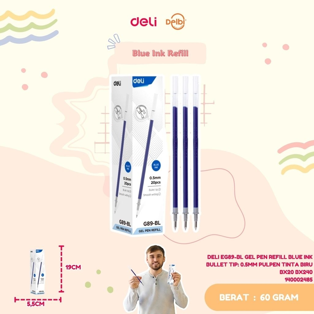 

DELI EG89-BL GEL PEN REFILL BLUE INK BULLET TIP: 0.5MM PULPEN TINTA BIRU BX20 BX240