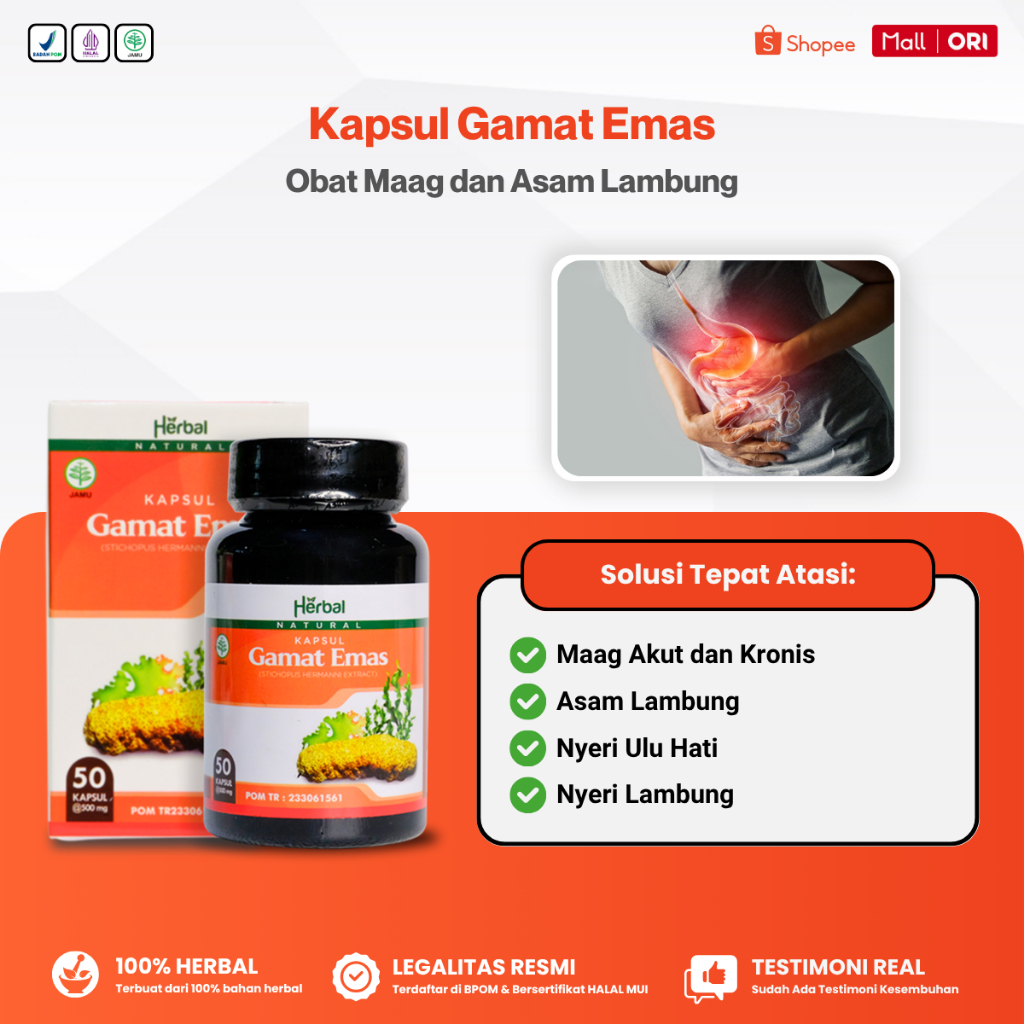 Kapsul Gamat Emas - Obat Maag Akut dan Kronis, Asam Lambung, Nyeri Ulu Hati, Nyeri Lambung