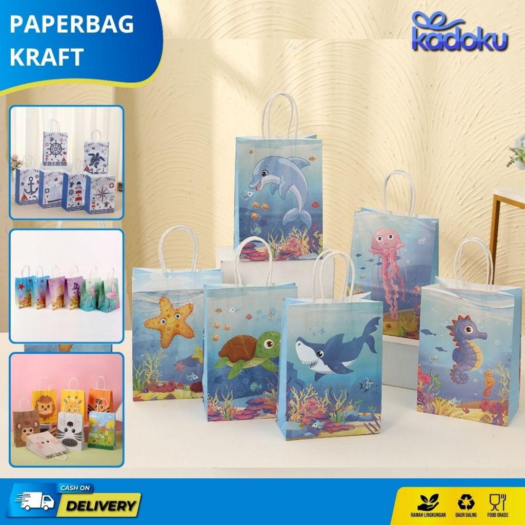 

[10 PCS] Paper Bag Kraft Ultah tema Laut / Paper Bag Motif Kartun / Tas Kado Goodiebag Ultah Bahan Kraft