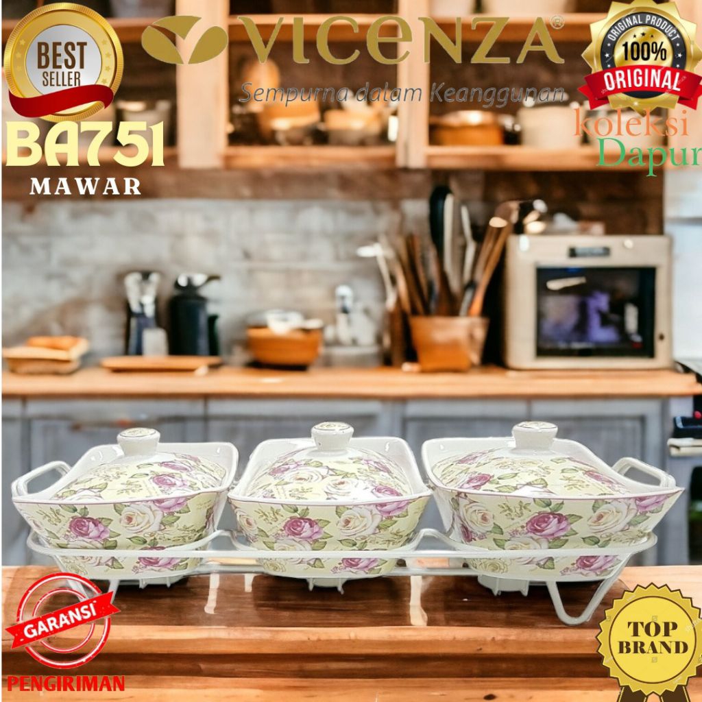 Penghangat Makanan Mawar, Casserole VICENZA, food warmer Mawar alat saji 3 menu dalam 1 waktu, jaga 