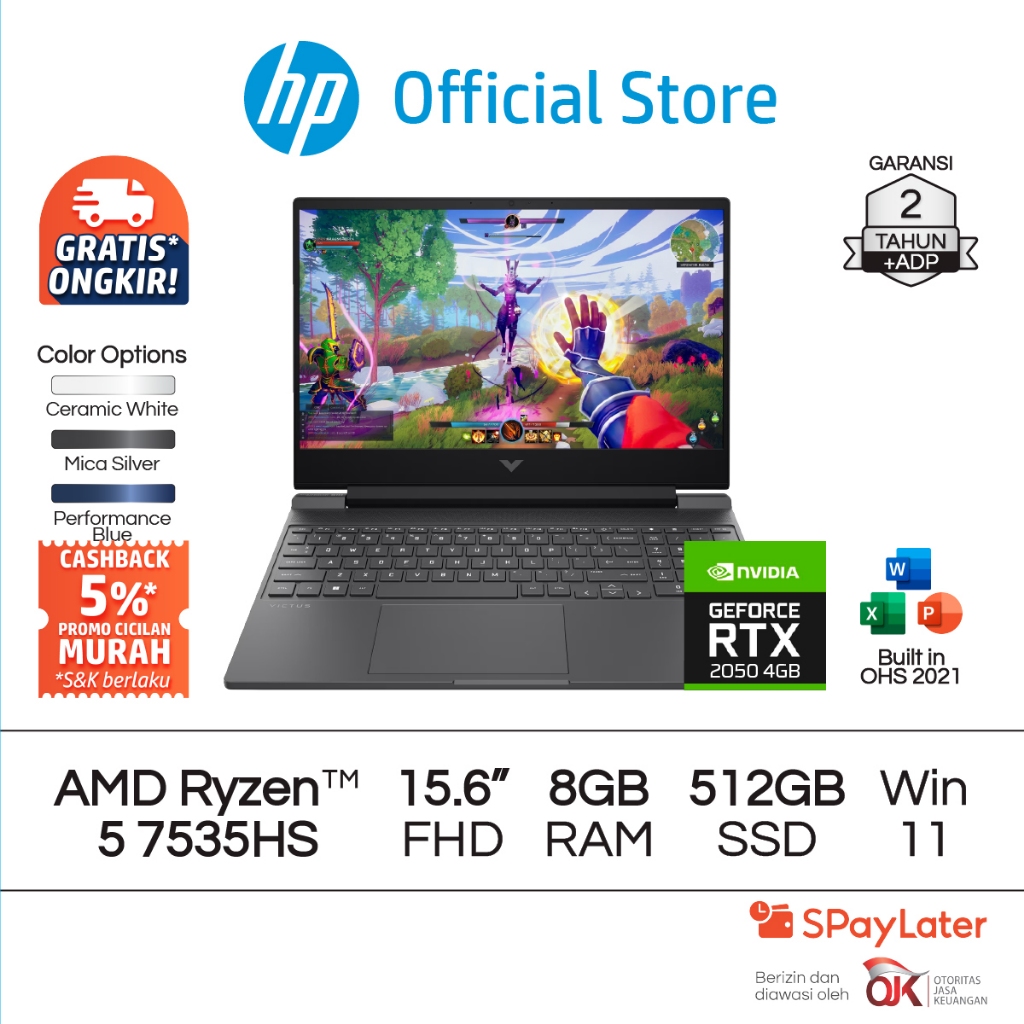 Victus Laptop Gaming HP AMD Ryzen 5 NVIDIA GeForce RTX 2050 8GB RAM 512GB SSD Silver Free Windows 11