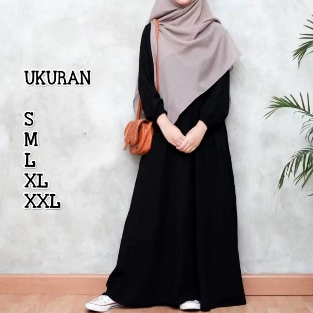Dress Gamis Abaya hitam lengan karet simple Polos Remaja Dewasa Wanita