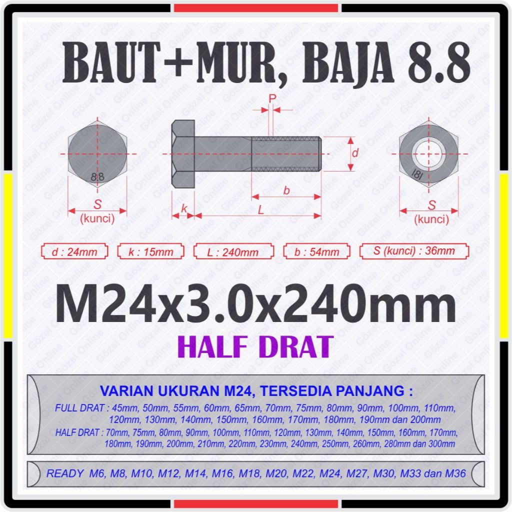 Baut + Mur HEX BAJA 8.8 HALF DRAT - M24 (240 - 300mm) isi 1 set