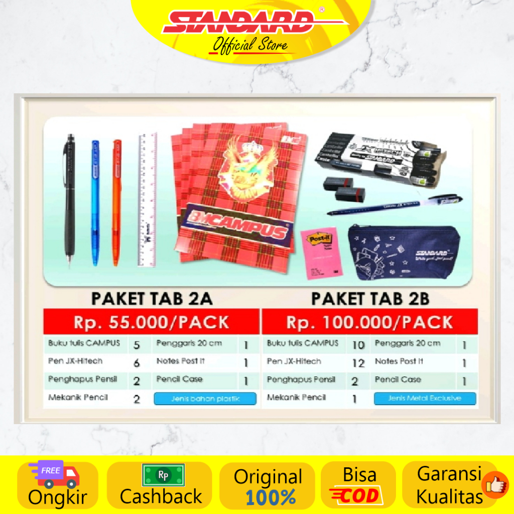 

Standard - Paket TAB 2A / 2B ( Alat Tulis, Buku, Mekanik Pensil, Pulpen, Penghapus, Rautan, Penggaris, Pencase, Post It )
