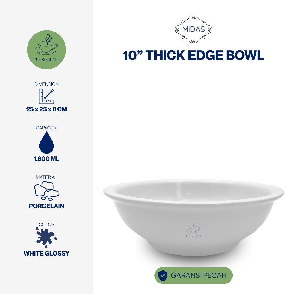 Midas Mangkok Porselen Bibir Tebal Diameter 10” Inch / 25 cm Kapasitas Besar 1.600 ml Putih Polos Ki